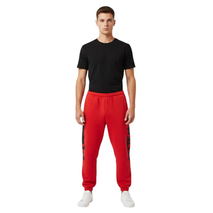 OFFCODE.USA red imitation cotton jogger pants with black graphic print and drawstring waist.