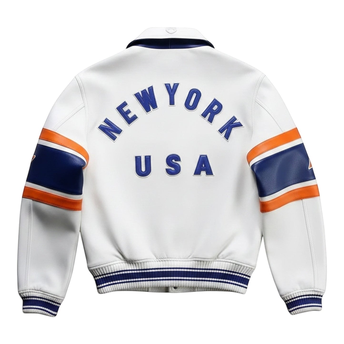 OFFCODE.USA Avirex USA City Series New York Jacket, white leather with blue and orange accents on sleeves and collar.