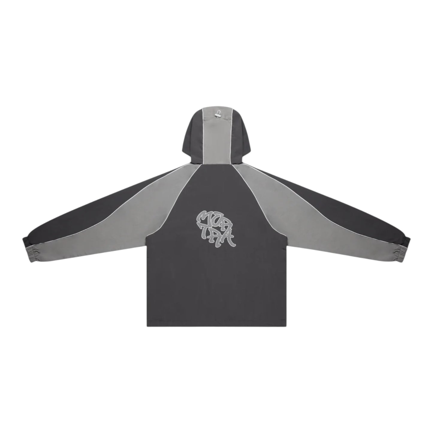 OFFCODE.USA grey two-tone nylon track jacket with half zipper, applique logo, and white piping.
