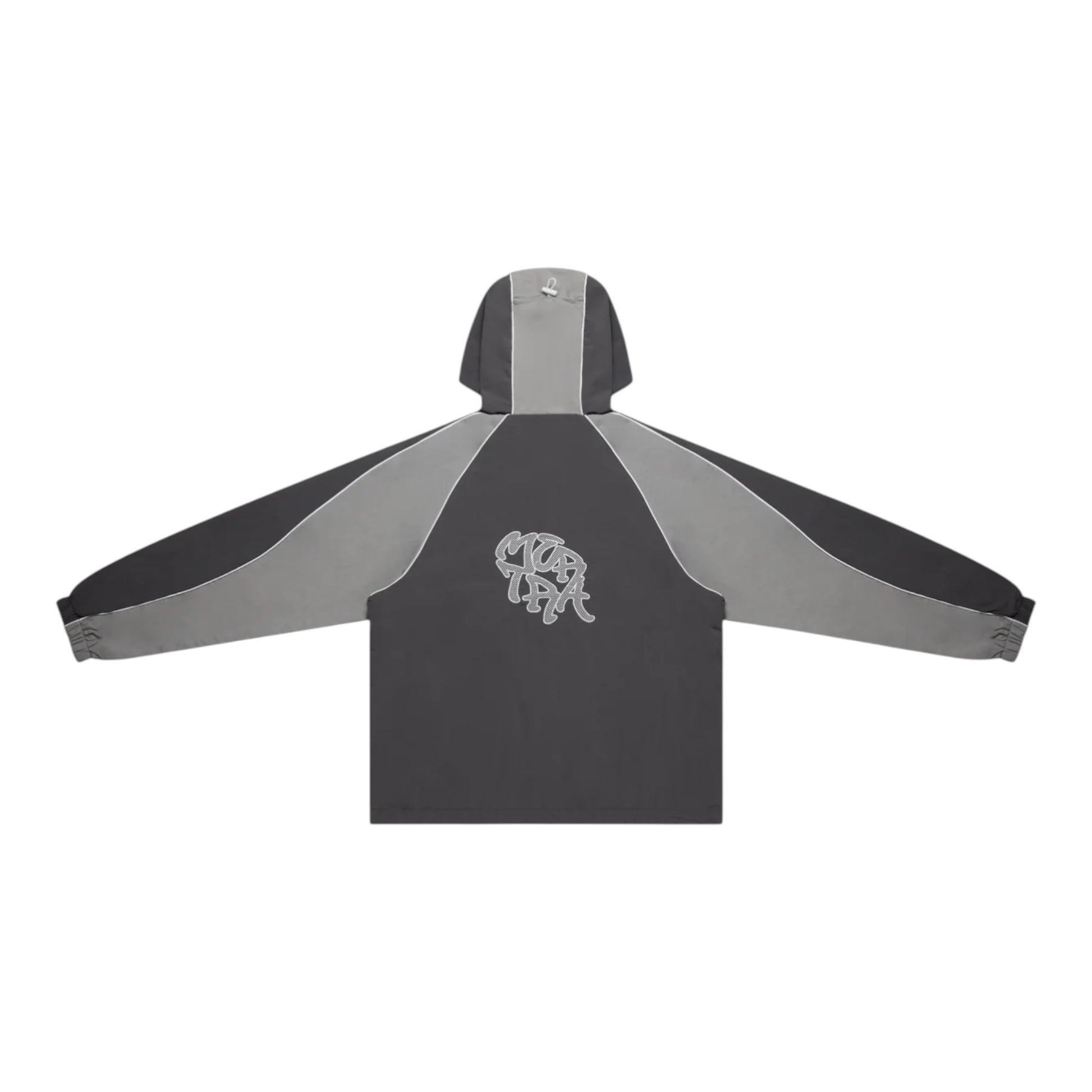 OFFCODE.USA grey two-tone nylon track jacket with half zipper, applique logo, and white piping.