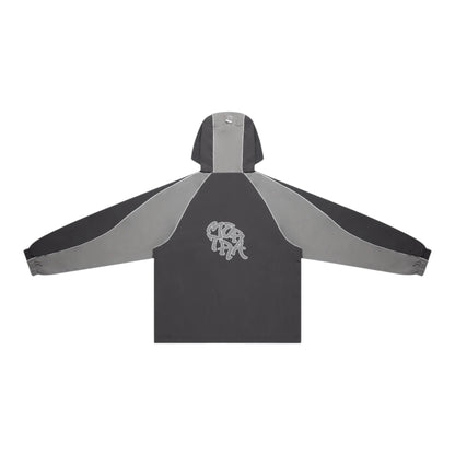 OFFCODE.USA grey two-tone nylon track jacket with half zipper, applique logo, and white piping.