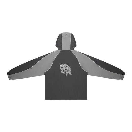 OFFCODE.USA grey two-tone nylon track jacket with half zipper, applique logo, and white piping.