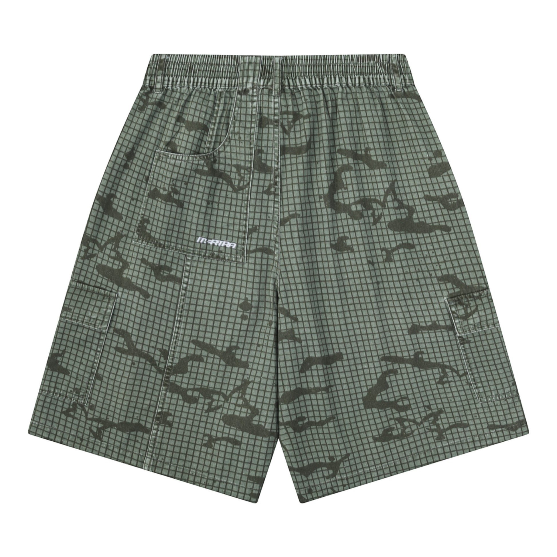 OFFCODE.USA Grid Camo Shorts in green and black, 100% cotton with a baggy fit and signature back pocket.