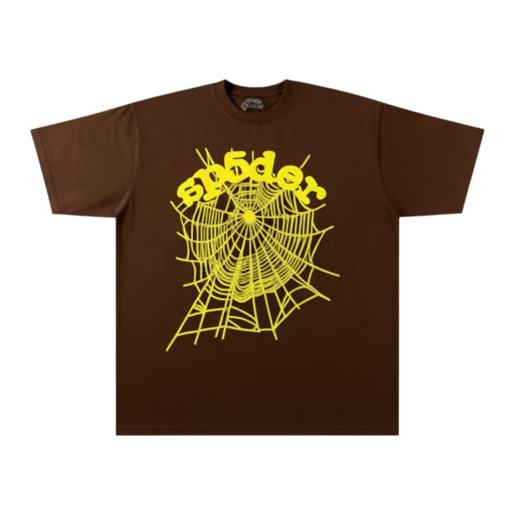 OFFCODE.USA brown pure cotton t-shirt with yellow spiderweb print and crew neck. Unisex short sleeves.