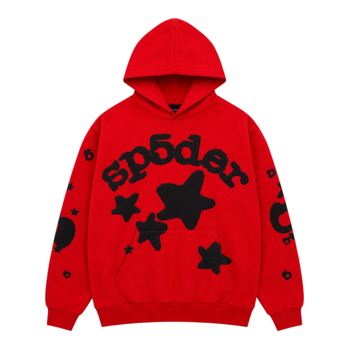 OFFCODE.USA red cotton hoodie with black sp5der logo and star graphics on front and sleeves. Features a front pocket and hood.