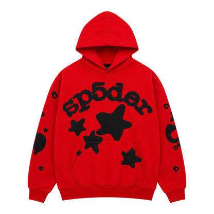 OFFCODE.USA red cotton hoodie with black sp5der logo and star graphics on front and sleeves. Features a front pocket and hood.