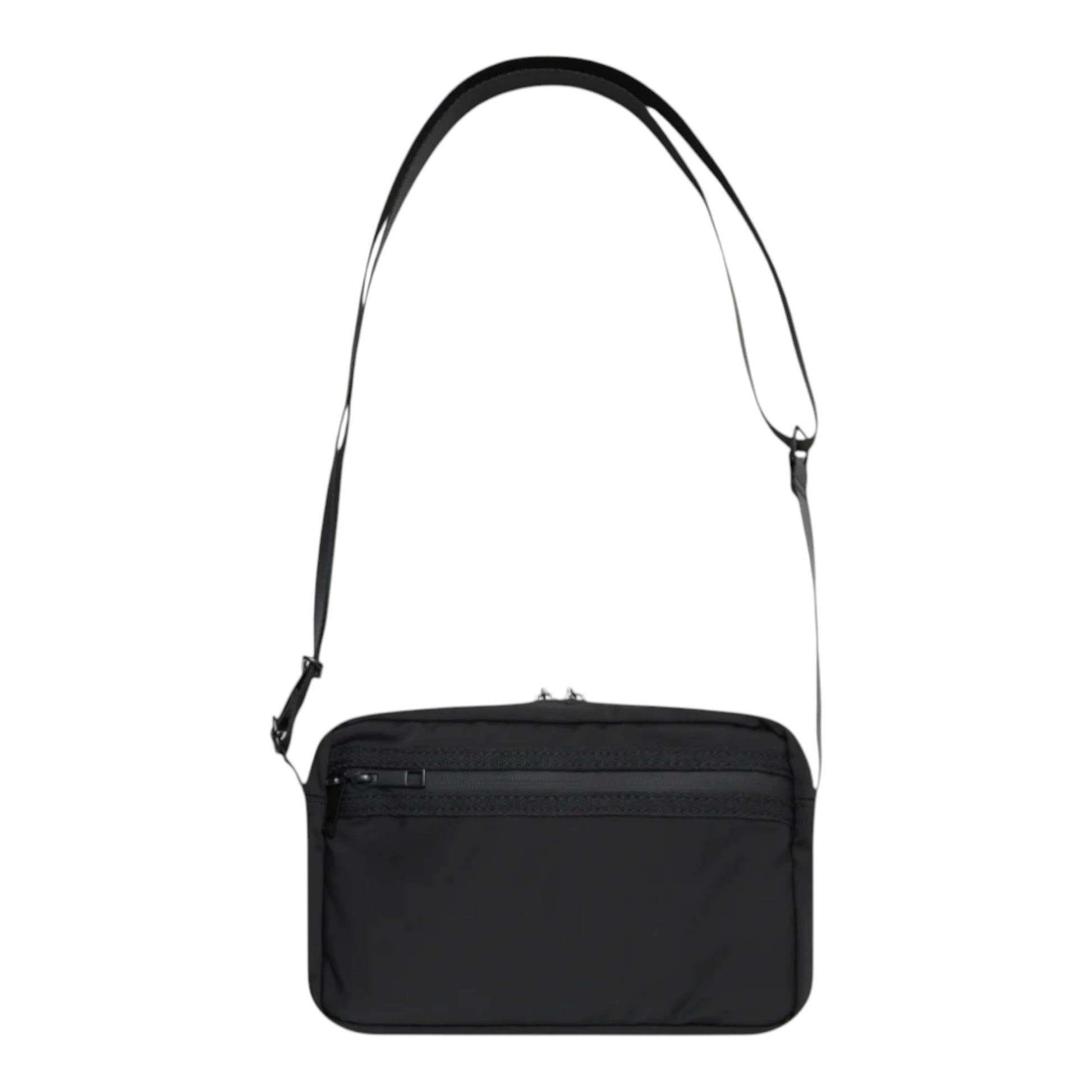OFFCODE.USA black polyester side bag with adjustable strap, 5 pockets, leather/metal badge, camo lining, and waterproof zippers.