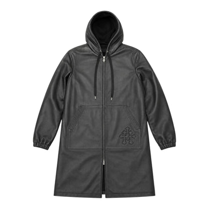 OFFCODE.USA Chrome Hearts black leather trench coat with sherpa lining, fleur de lis embroidery, and dagger hardware.