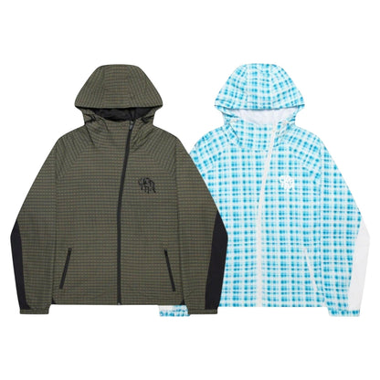 OFFCODE.USA Asymmetrical Plaid Softshell jacket in green plaid with black accents and blue plaid with white accents. Waterproof polyamide shell.