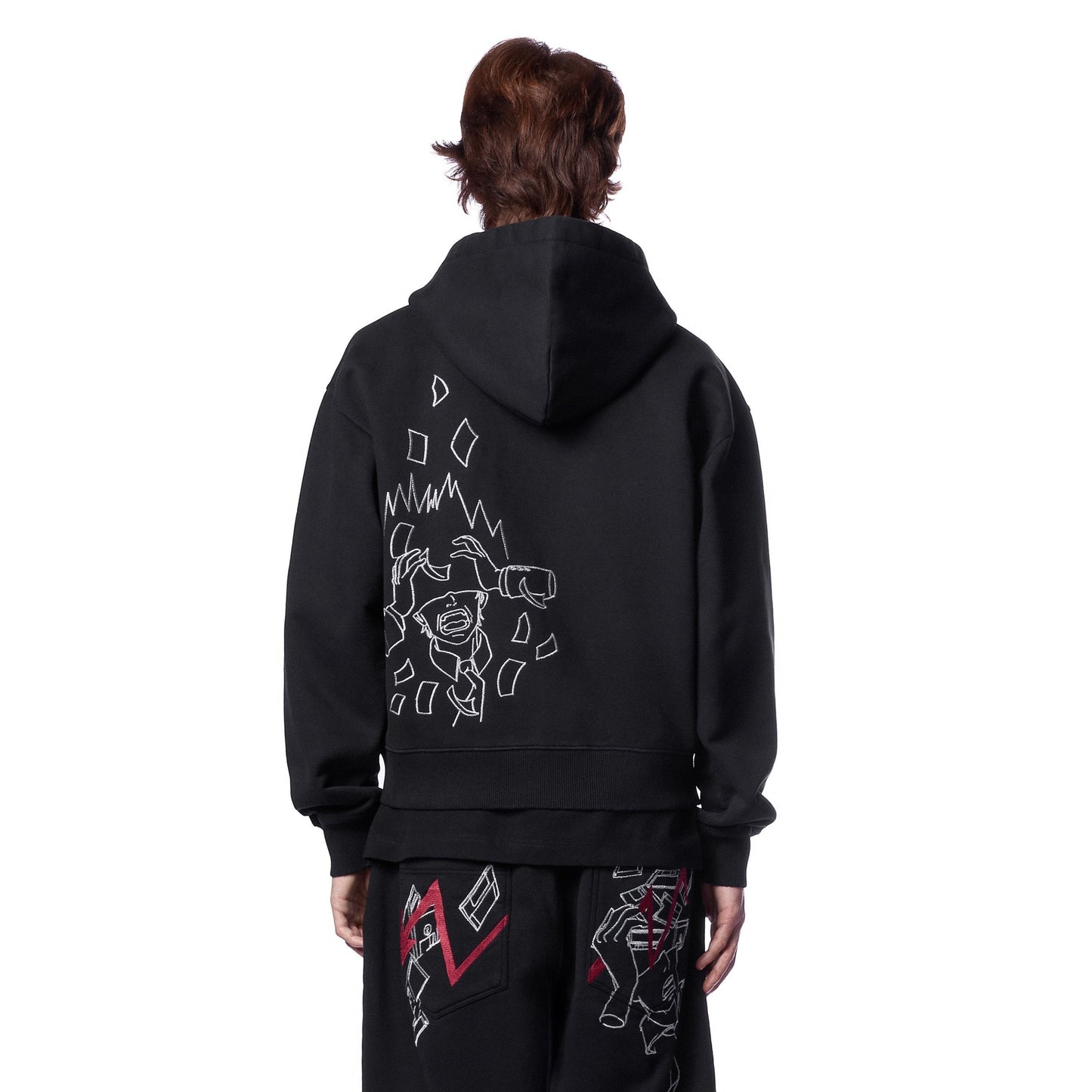 OFFCODE.USA black cotton zip-up hoodie with embroidered graphic on back. Model wearing size L.