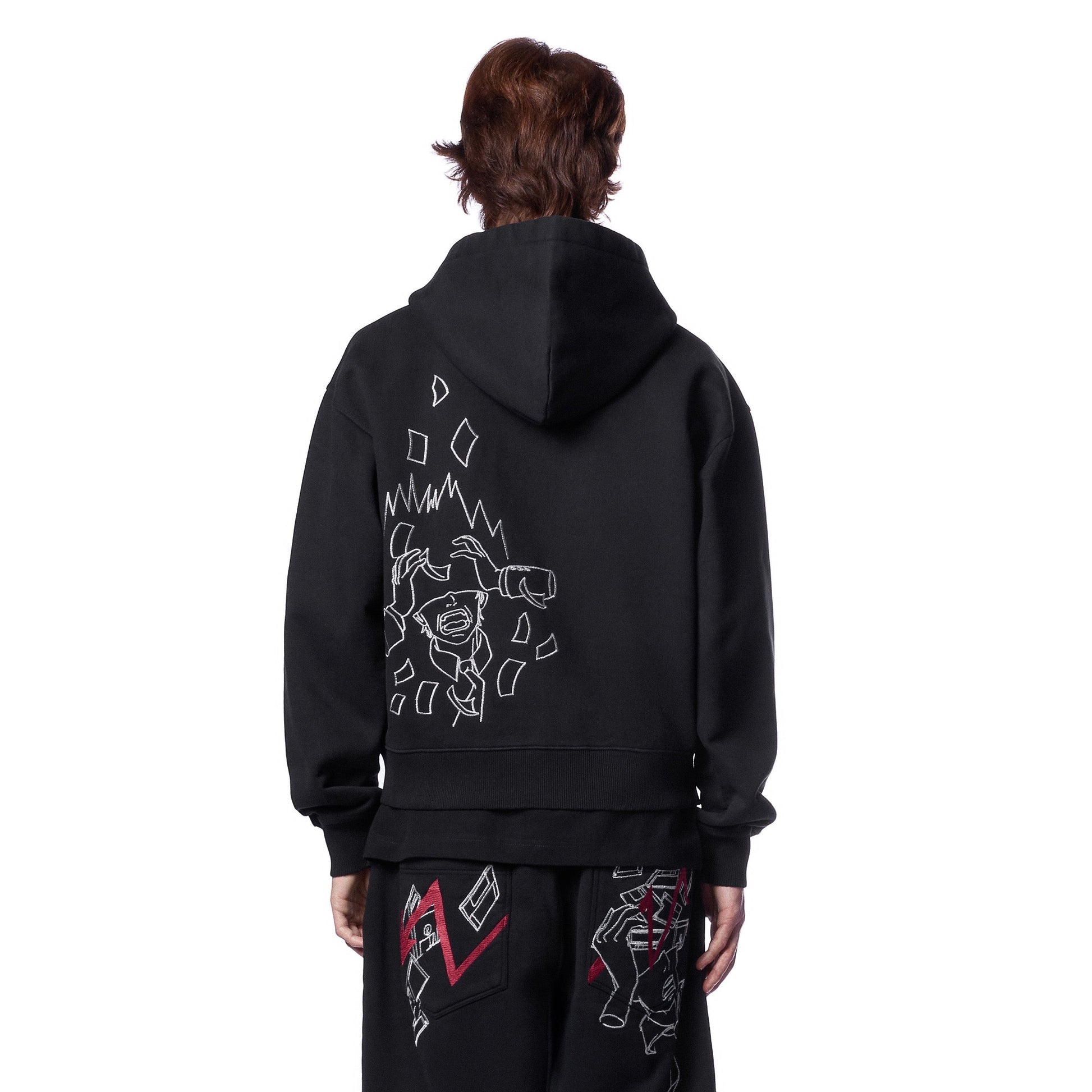 OFFCODE.USA black cotton zip-up hoodie with embroidered graphic on back. Model wearing size L.