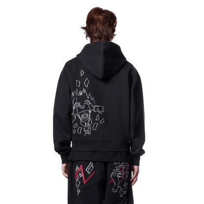 OFFCODE.USA black cotton zip-up hoodie with embroidered graphic on back. Model wearing size L.