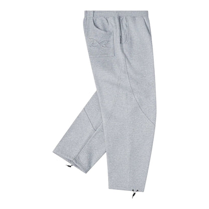 OFFCODE.USA Grey Dual Panel Joggers with applique and embroidered logos, ankle toggles, and hidden zipper pockets.
