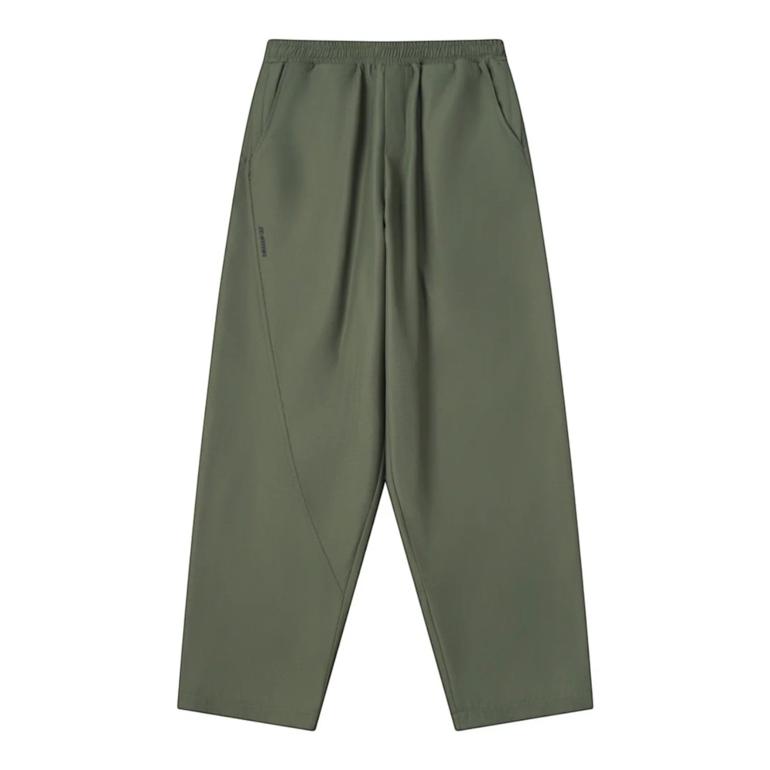 OFFCODE.USA olive green tech joggers with asymmetrical paneling, reflective logos, and wide leg fit.