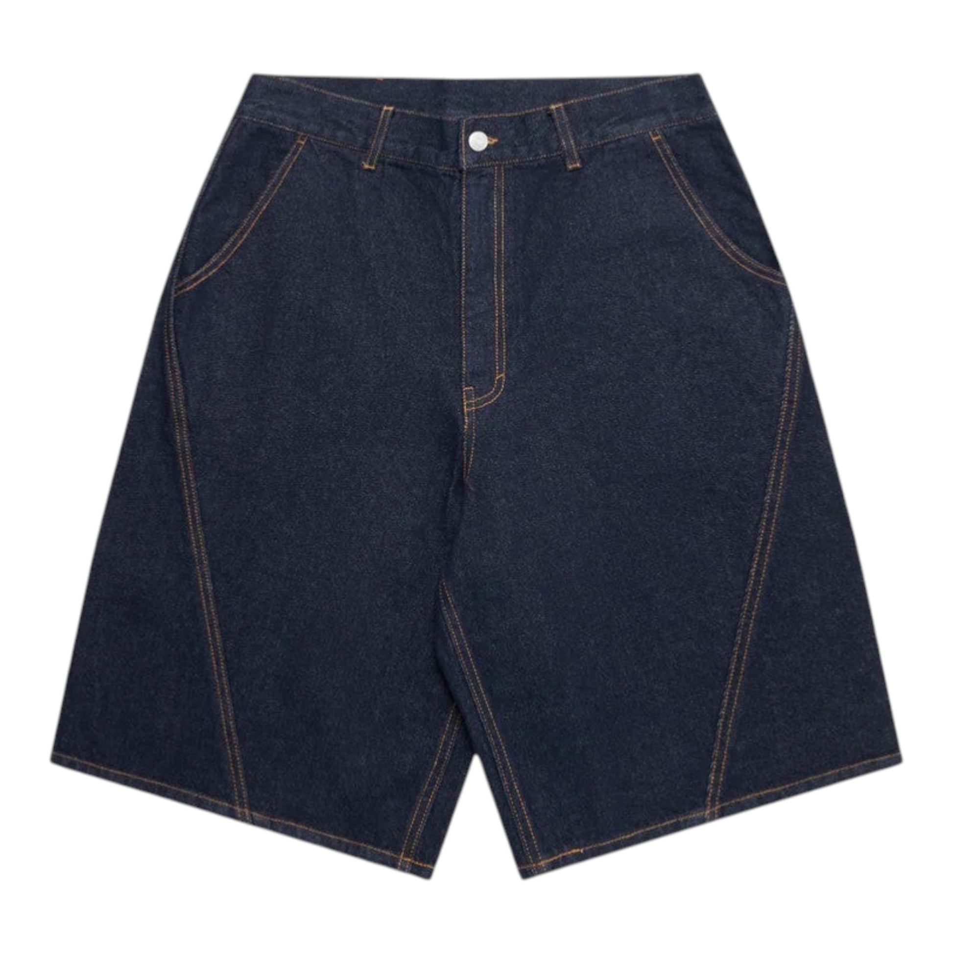 OFFCODE.USA navy blue raw cotton denim shorts with baggy wide leg fit, rice embroidery, signature panelling, leather tab, and branded button.