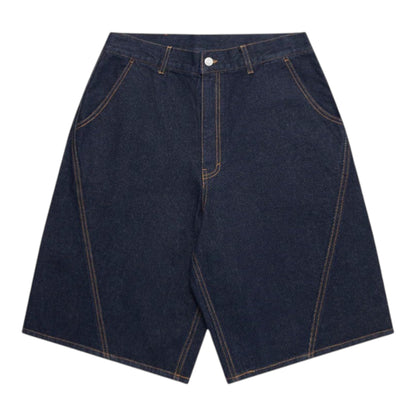 OFFCODE.USA navy blue raw cotton denim shorts with baggy wide leg fit, rice embroidery, signature panelling, leather tab, and branded button.