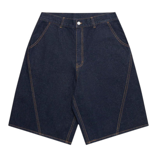 OFFCODE.USA navy blue raw cotton denim shorts with baggy wide leg fit, rice embroidery, signature panelling, leather tab, and branded button.