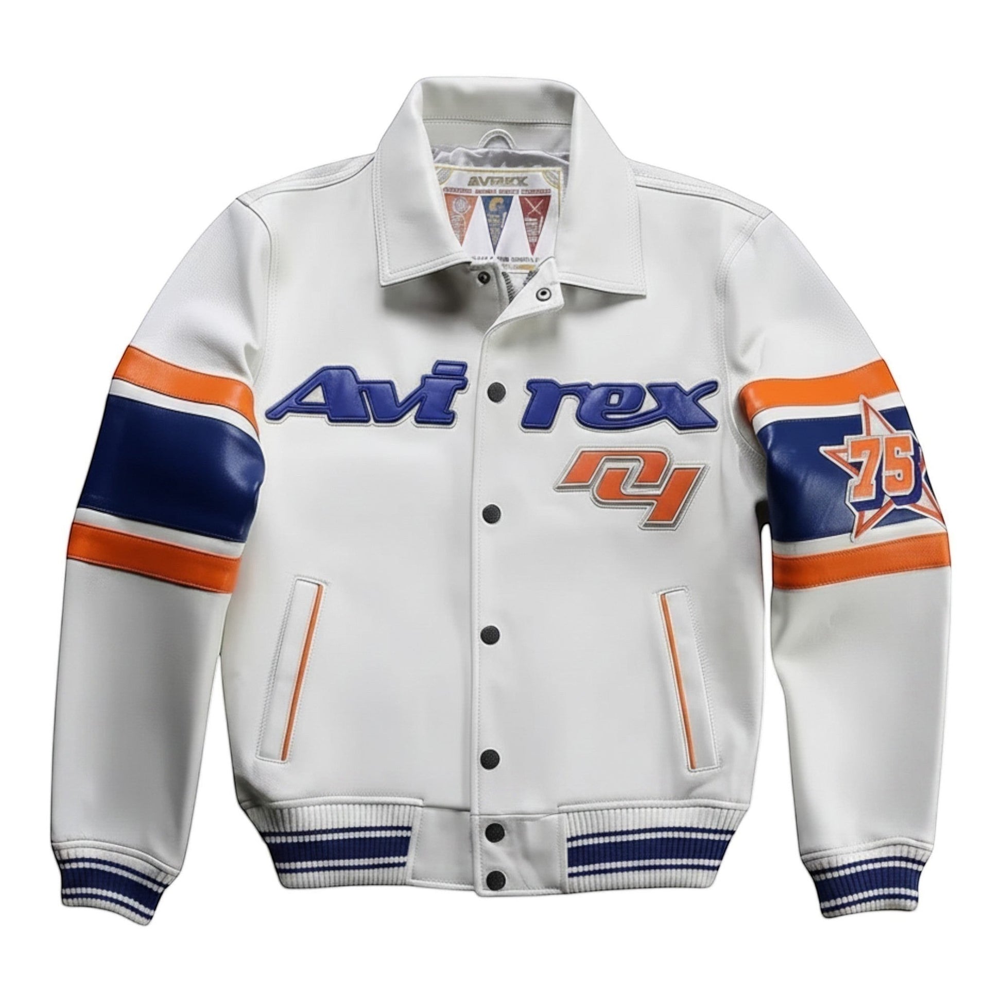 OFFCODE.USA Avirex USA City Series New York Jacket in white leather with blue and orange accents. Features embroidered logos and '75' detail.