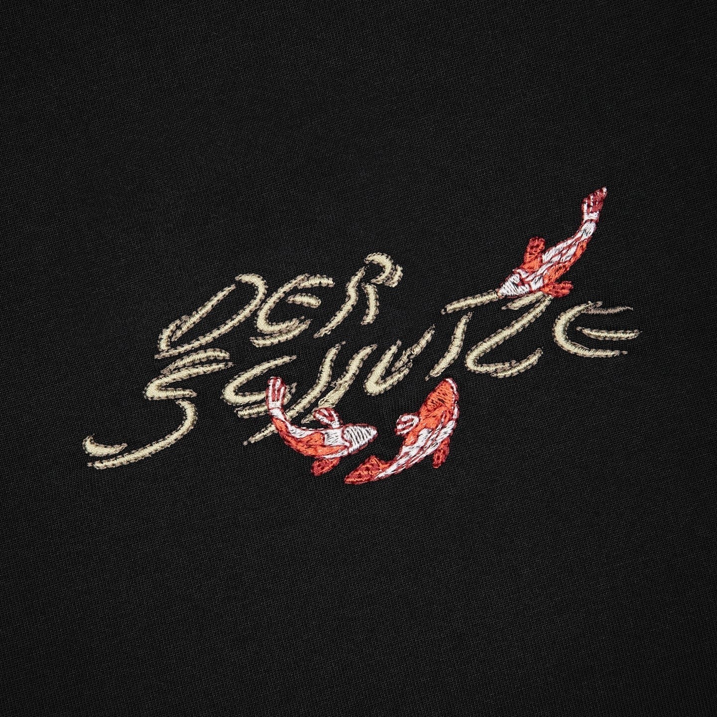 OFFCODE.USA black 100% cotton t-shirt with embroidered koi fish and script text on front and back.