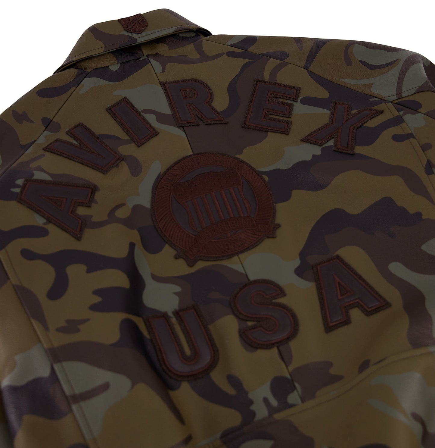 OFFCODE.USA Limited Edition Camo Icon Jacket in 100% goat leather with tonal camo print and logo details.