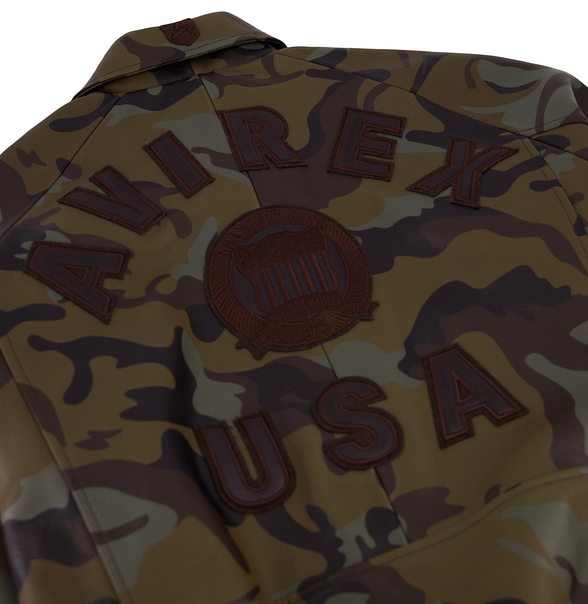 OFFCODE.USA Limited Edition Camo Icon Jacket in 100% goat leather with tonal camo print and logo details.