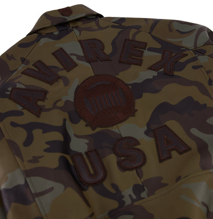 OFFCODE.USA Limited Edition Camo Icon Jacket in 100% goat leather with tonal camo print and logo details.