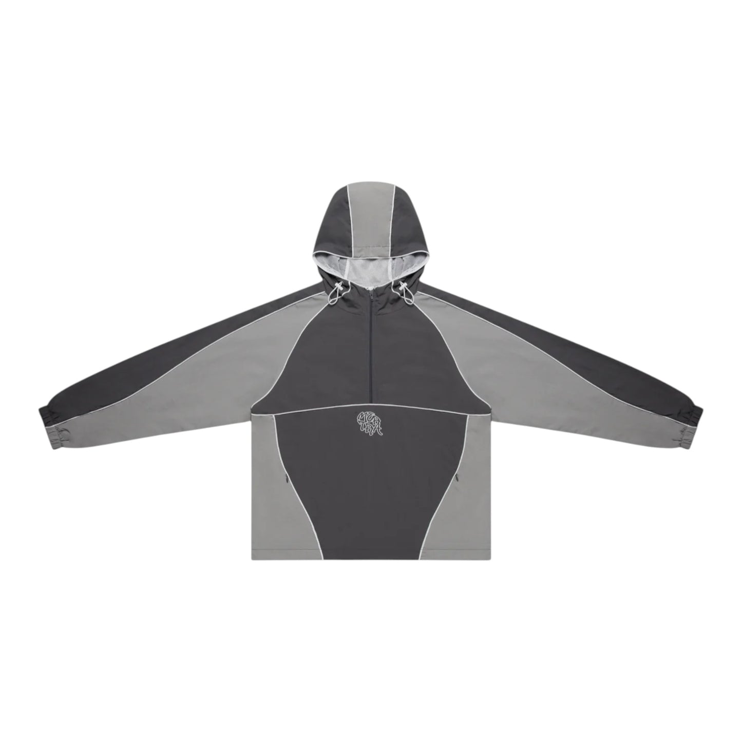 OFFCODE.USA two-tone grey nylon track jacket with half zipper, hidden pockets, applique logo, hood toggles, and white piping.