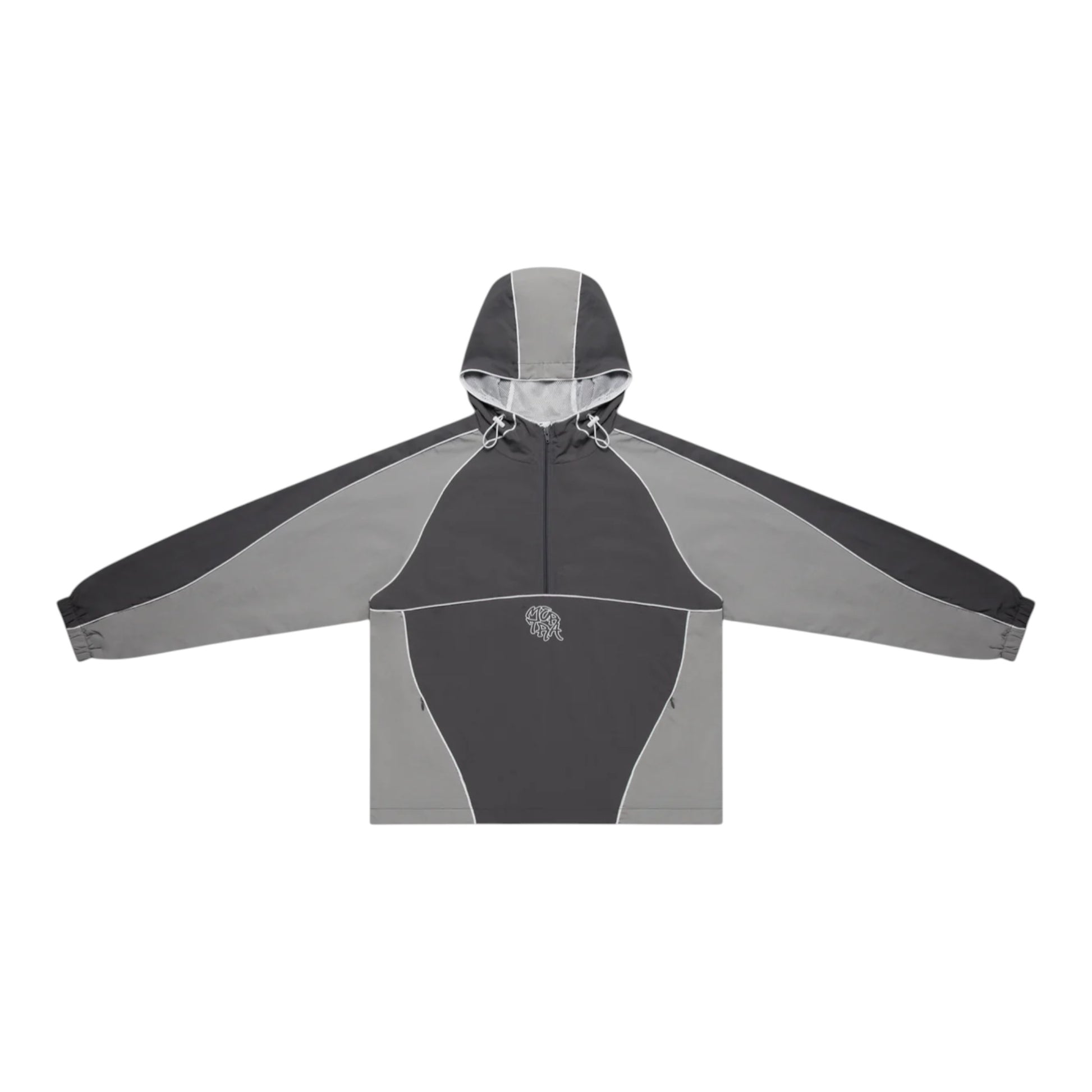 OFFCODE.USA two-tone grey nylon track jacket with half zipper, hidden pockets, applique logo, hood toggles, and white piping.