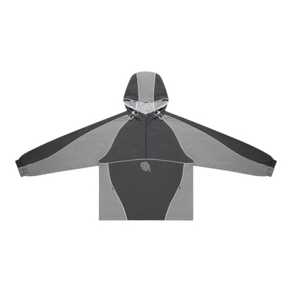 OFFCODE.USA two-tone grey nylon track jacket with half zipper, hidden pockets, applique logo, hood toggles, and white piping.
