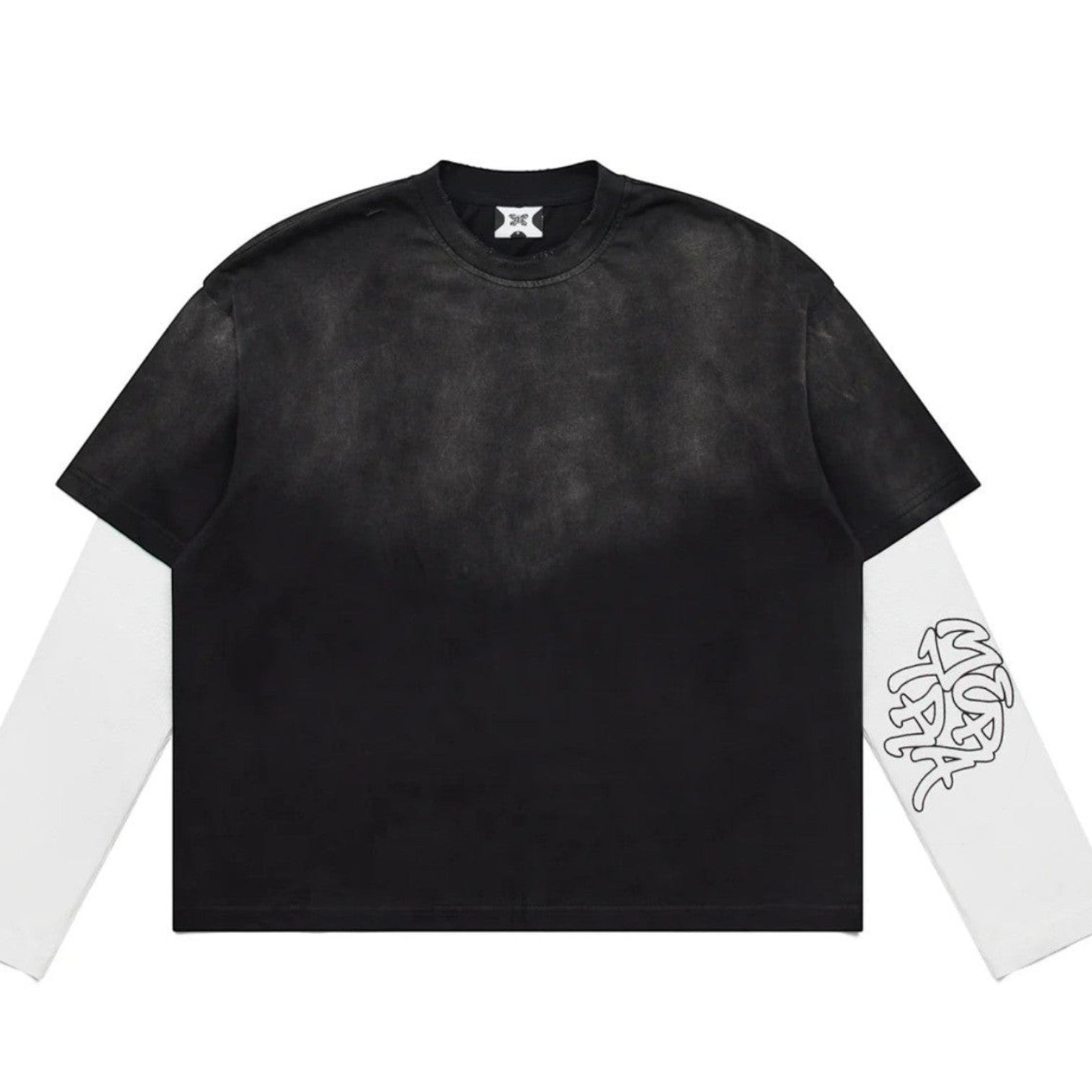 OFFCODE.USA layered tee with built-in waffle sleeves, sun-faded black, distressed details, and graphic print.