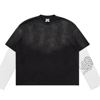 OFFCODE.USA layered tee with built-in waffle sleeves, sun-faded black, distressed details, and graphic print.