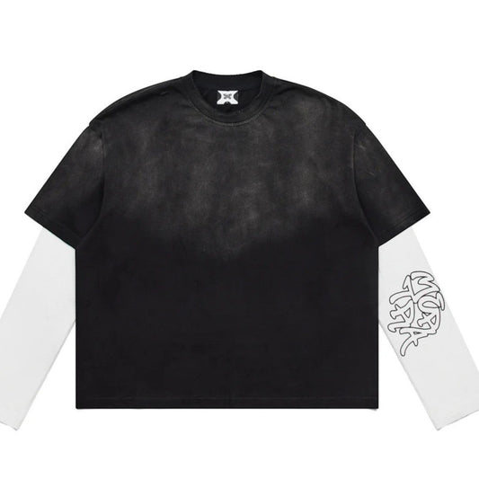 OFFCODE.USA layered tee with built-in waffle sleeves, sun-faded black, distressed details, and graphic print.