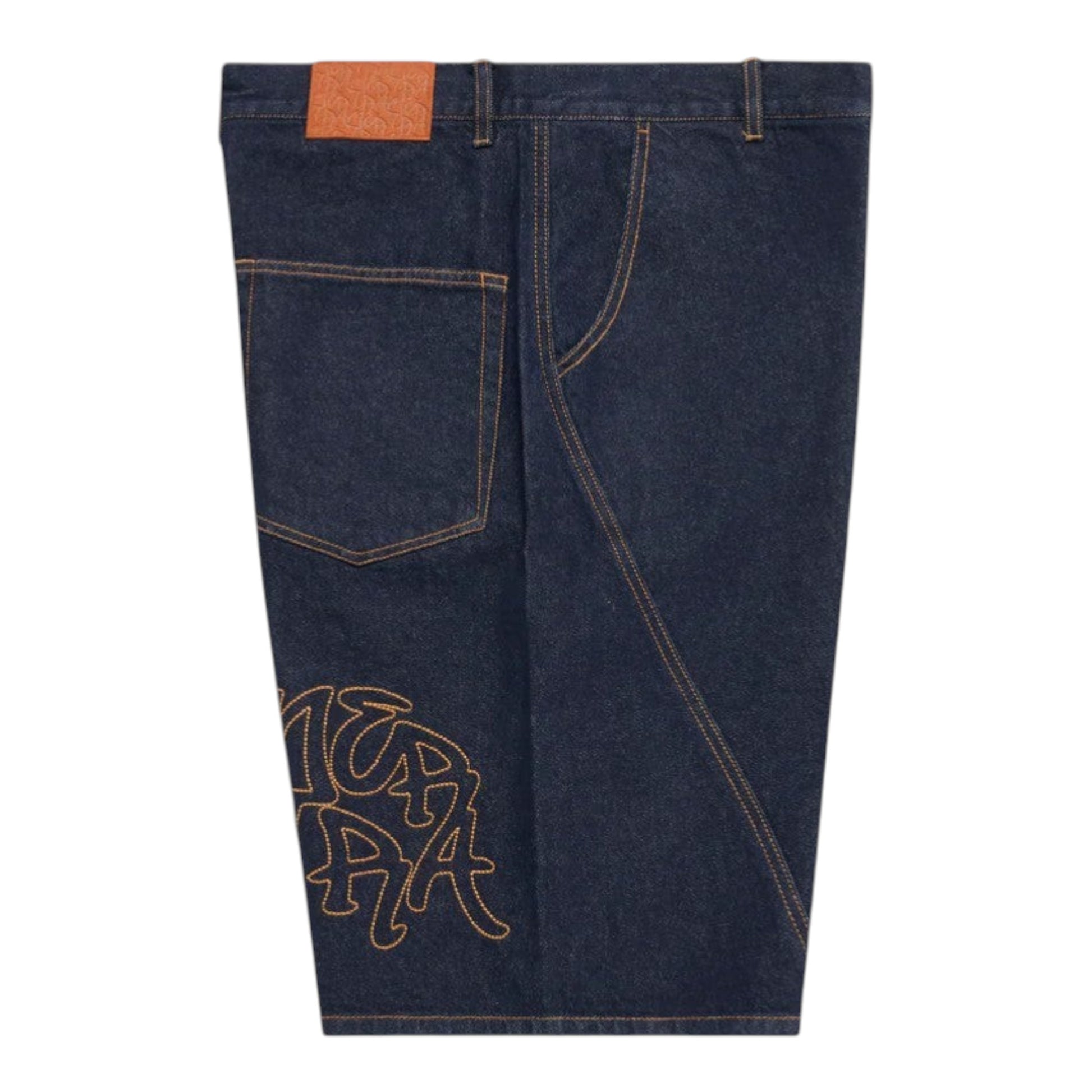 OFFCODE.USA navy blue raw cotton denim shorts with baggy wide leg fit, rice embroidered graphics, signature panelling, leather tab, and branded button.