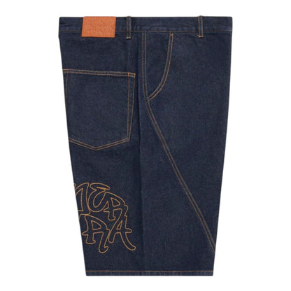 OFFCODE.USA navy blue raw cotton denim shorts with baggy wide leg fit, rice embroidered graphics, signature panelling, leather tab, and branded button.