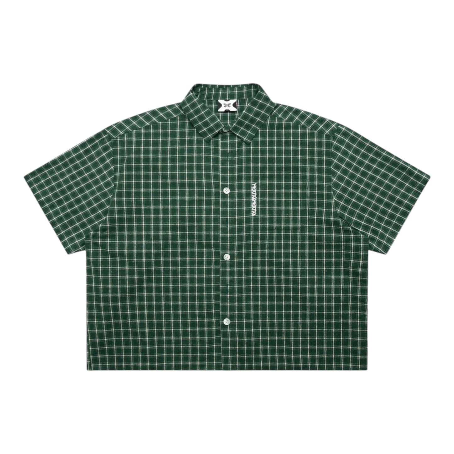 OFFCODE.USA green and white plaid 100% cotton short-sleeve shirt with embroidered graphic and tortoise shell buttons.