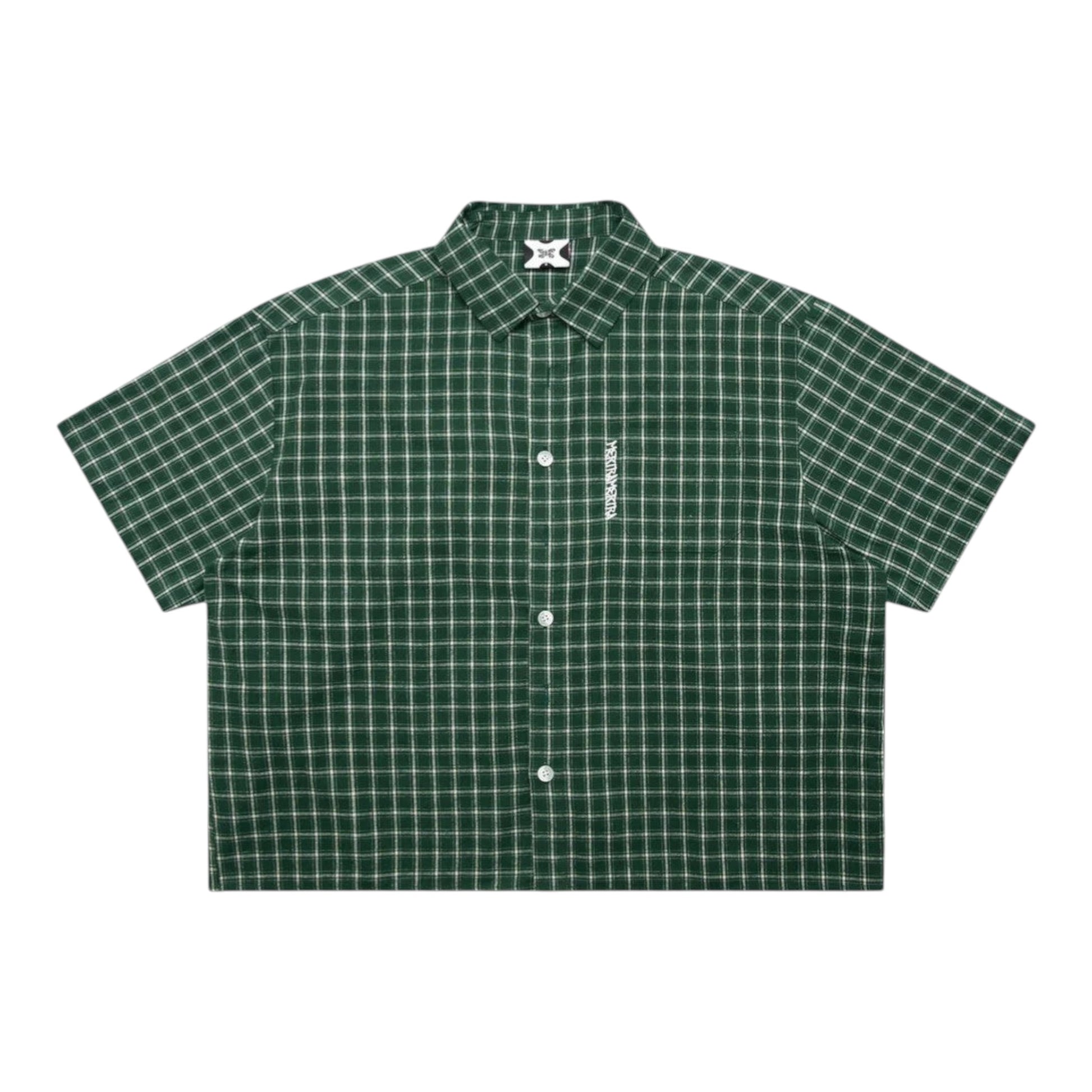 OFFCODE.USA green and white plaid 100% cotton short-sleeve shirt with embroidered graphic and tortoise shell buttons.