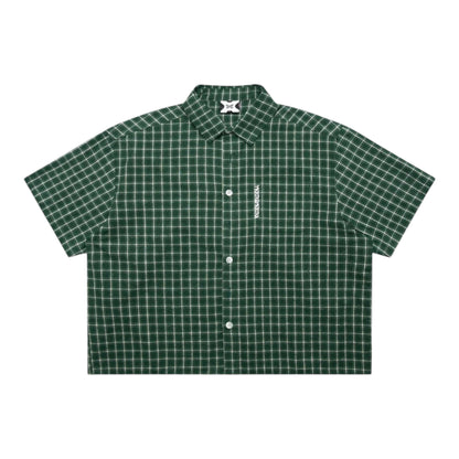 OFFCODE.USA green and white plaid 100% cotton short-sleeve shirt with embroidered graphic and tortoise shell buttons.