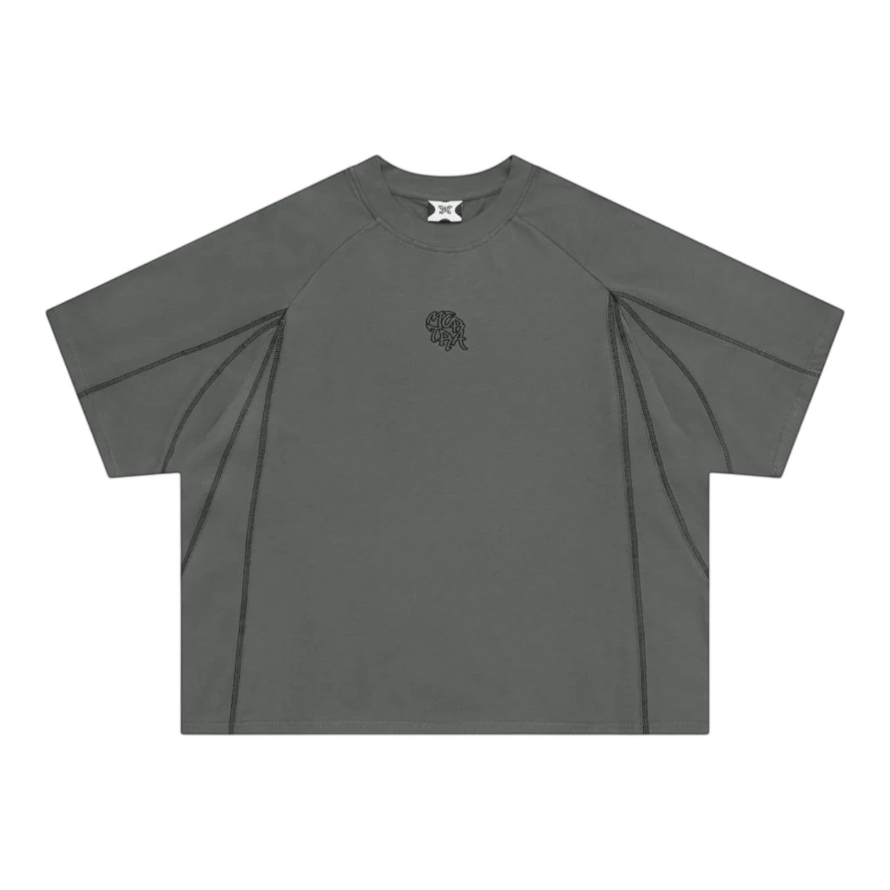 OFFCODE.USA charcoal grey 100% cotton boxy fit t-shirt with overlock stitch panelling and embroidered graphics.