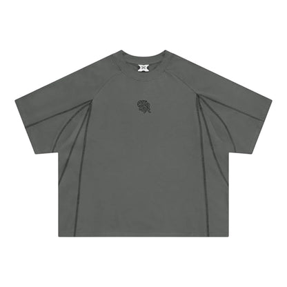 OFFCODE.USA charcoal grey 100% cotton boxy fit t-shirt with overlock stitch panelling and embroidered graphics.