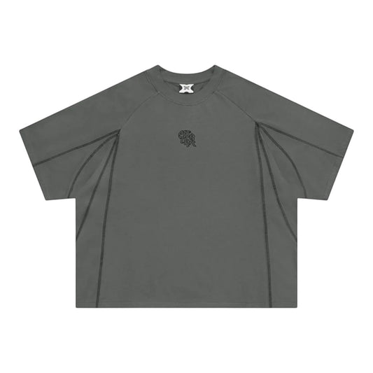 OFFCODE.USA charcoal grey 100% cotton boxy fit t-shirt with overlock stitch panelling and embroidered graphics.