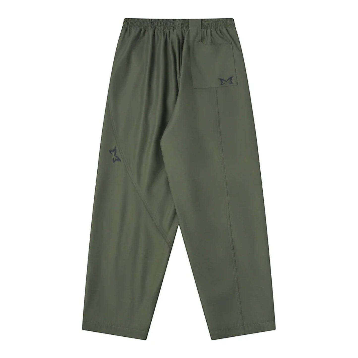 OFFCODE.USA olive green tech joggers with asymmetrical paneling, reflective logos, and wide leg fit.