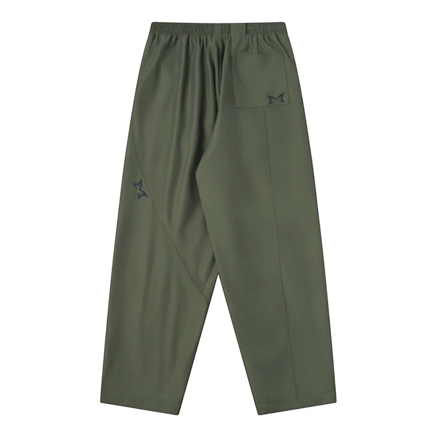 OFFCODE.USA olive green tech joggers with asymmetrical paneling, reflective logos, and wide leg fit.