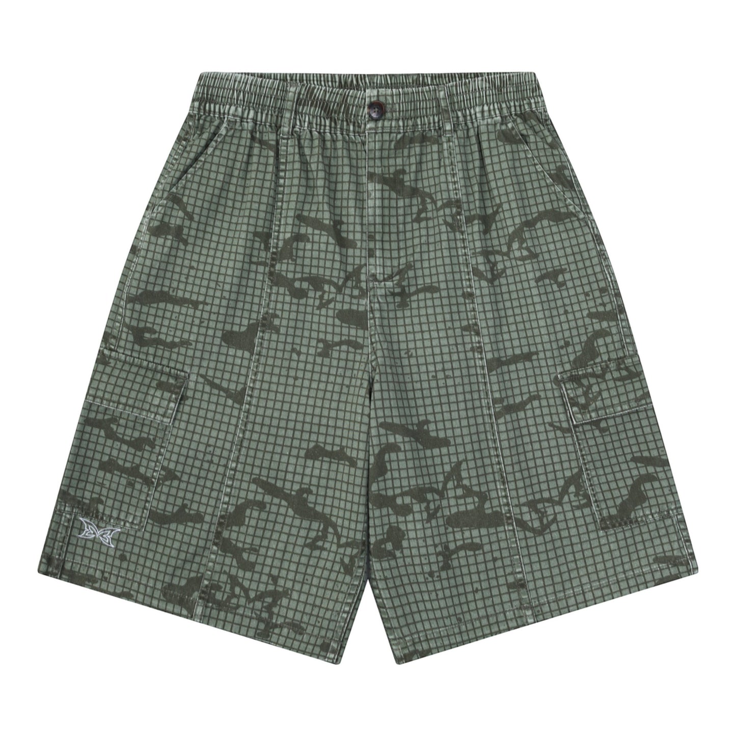 OFFCODE.USA Grid Camo Shorts in green cotton with a baggy, wide-leg fit, featuring a tortoise shell button and signature back pocket.