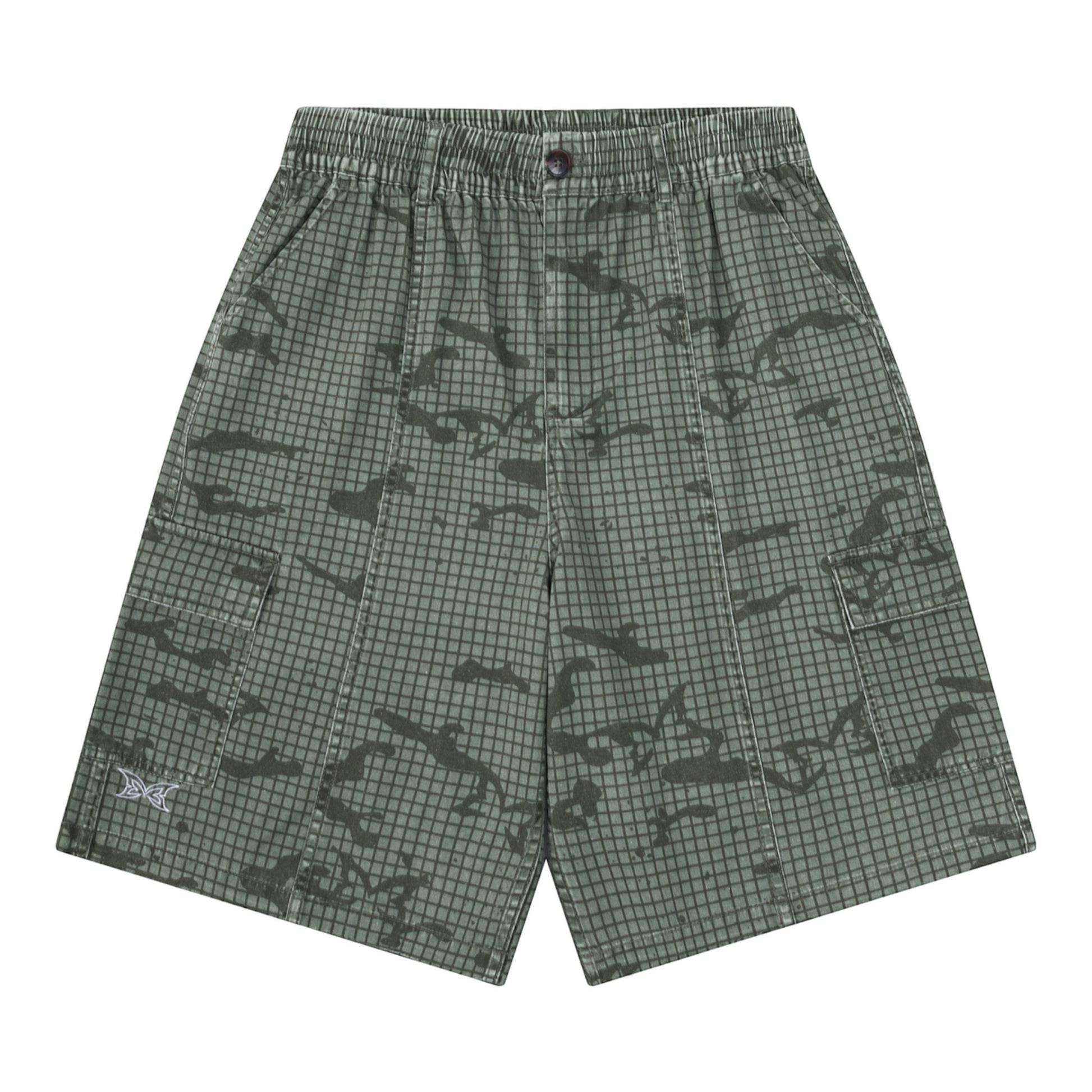 OFFCODE.USA Grid Camo Shorts in green cotton with a baggy, wide-leg fit, featuring a tortoise shell button and signature back pocket.