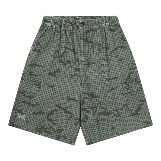 OFFCODE.USA Grid Camo Shorts in green cotton with a baggy, wide-leg fit, featuring a tortoise shell button and signature back pocket.