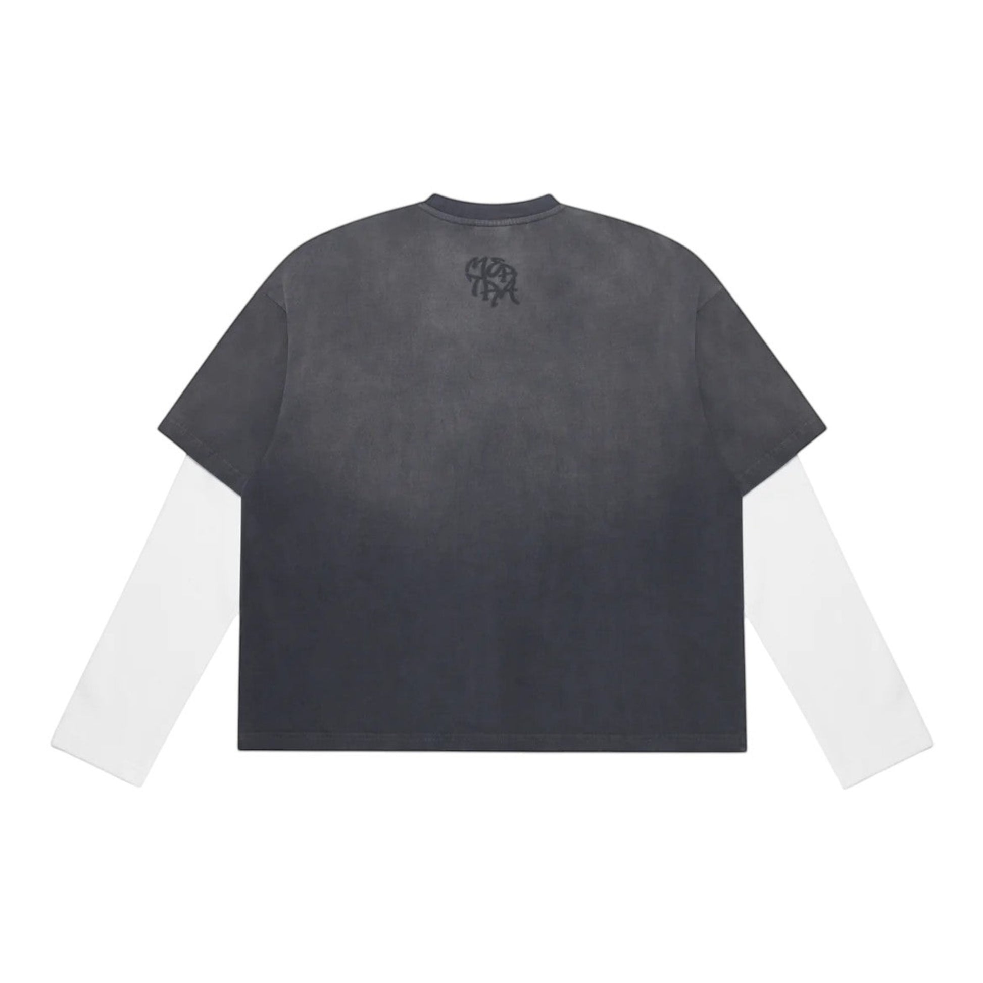 OFFCODE.USA grey sun-faded cotton tee with built-in white waffle long sleeves and distressed details.