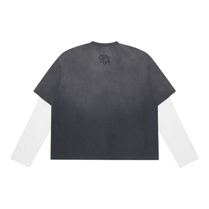 OFFCODE.USA grey sun-faded cotton tee with built-in white waffle long sleeves and distressed details.