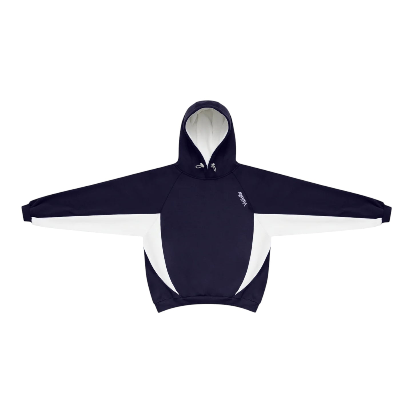OFFCODE.USA Bigstep Hood: navy blue and white color-blocked hoodie with drawstring hood and embroidered logo.