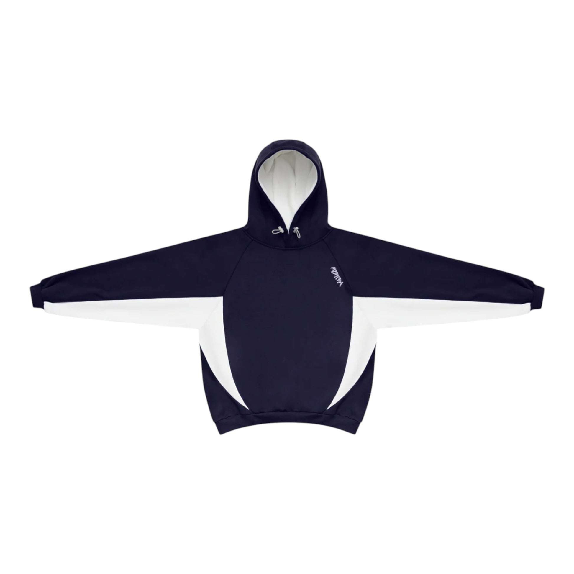 OFFCODE.USA Bigstep Hood: navy blue and white color-blocked hoodie with drawstring hood and embroidered logo.
