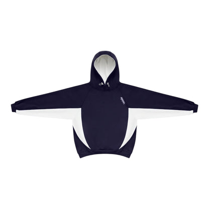 OFFCODE.USA Bigstep Hood: navy blue and white color-blocked hoodie with drawstring hood and embroidered logo.